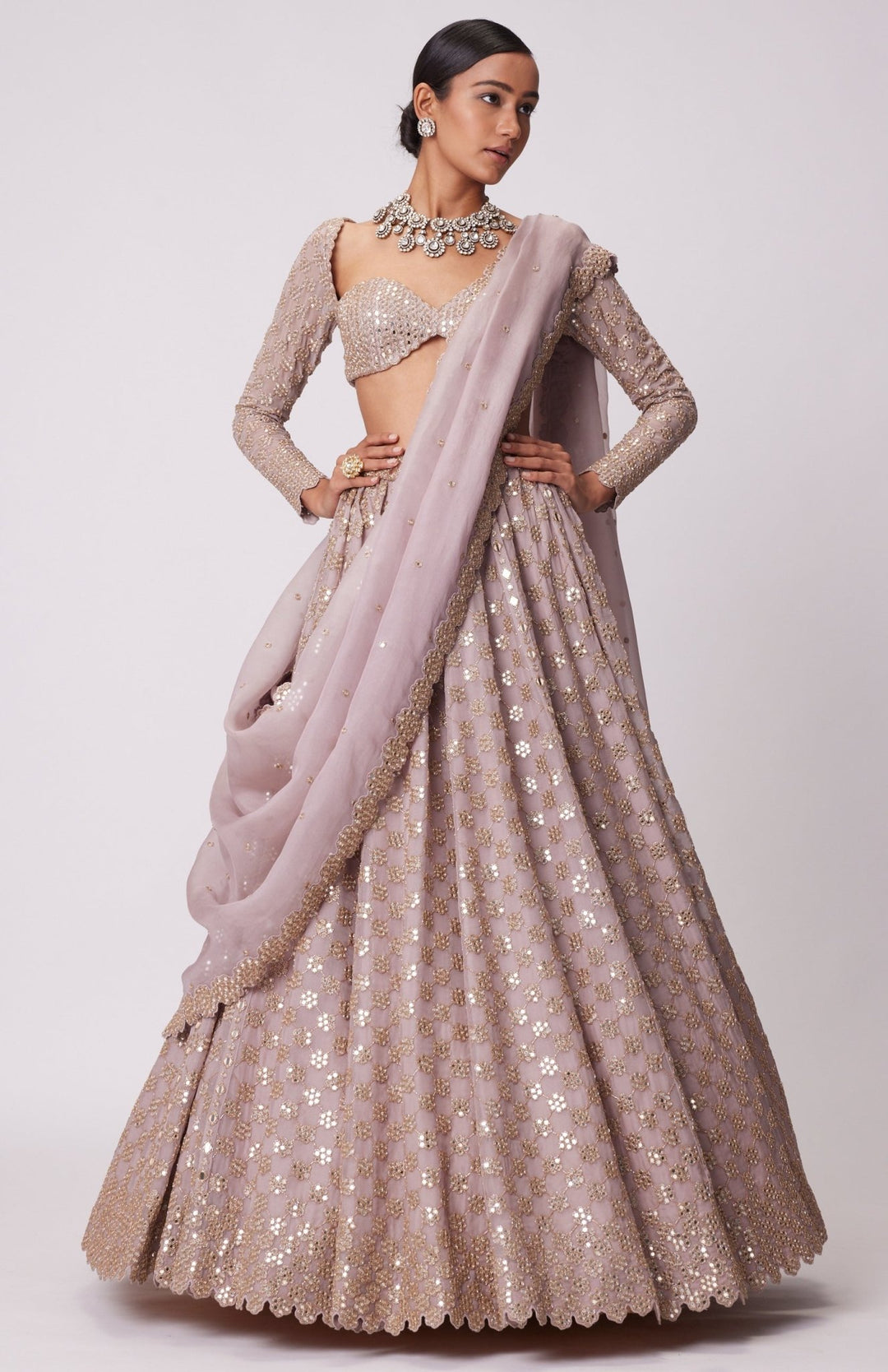 Blue Flower Embroidered Lehenga With Full Sleeves Blouse Vvani by Vani Vats - Fabilicious Fashion