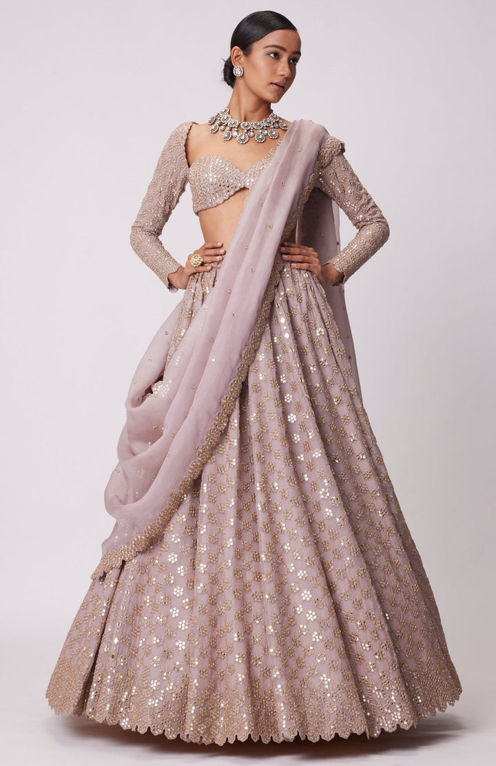 Blue Flower Embroidered Lehenga With Full Sleeves Blouse Vvani by Vani Vats - Fabilicious Fashion