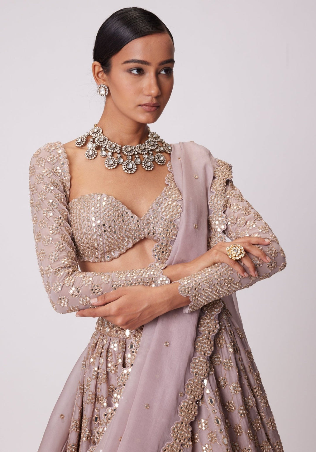 Blue Flower Embroidered Lehenga With Full Sleeves Blouse Vvani by Vani Vats - Fabilicious Fashion