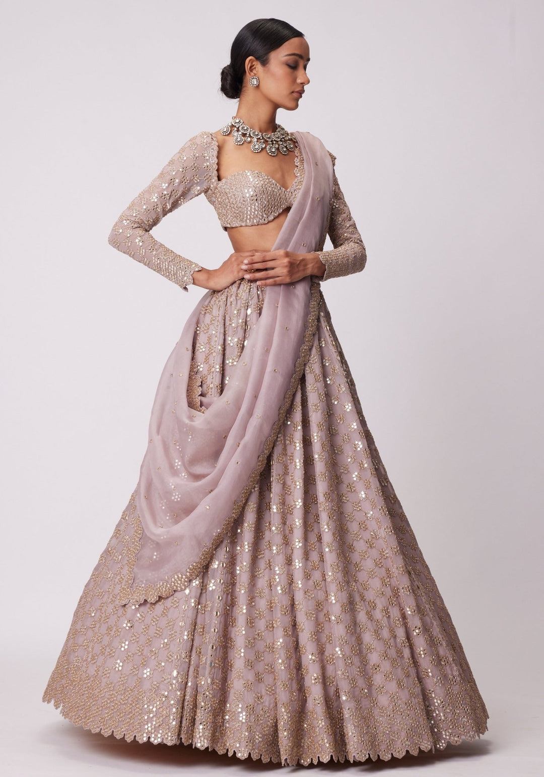 Blue Flower Embroidered Lehenga With Full Sleeves Blouse Vvani by Vani Vats - Fabilicious Fashion