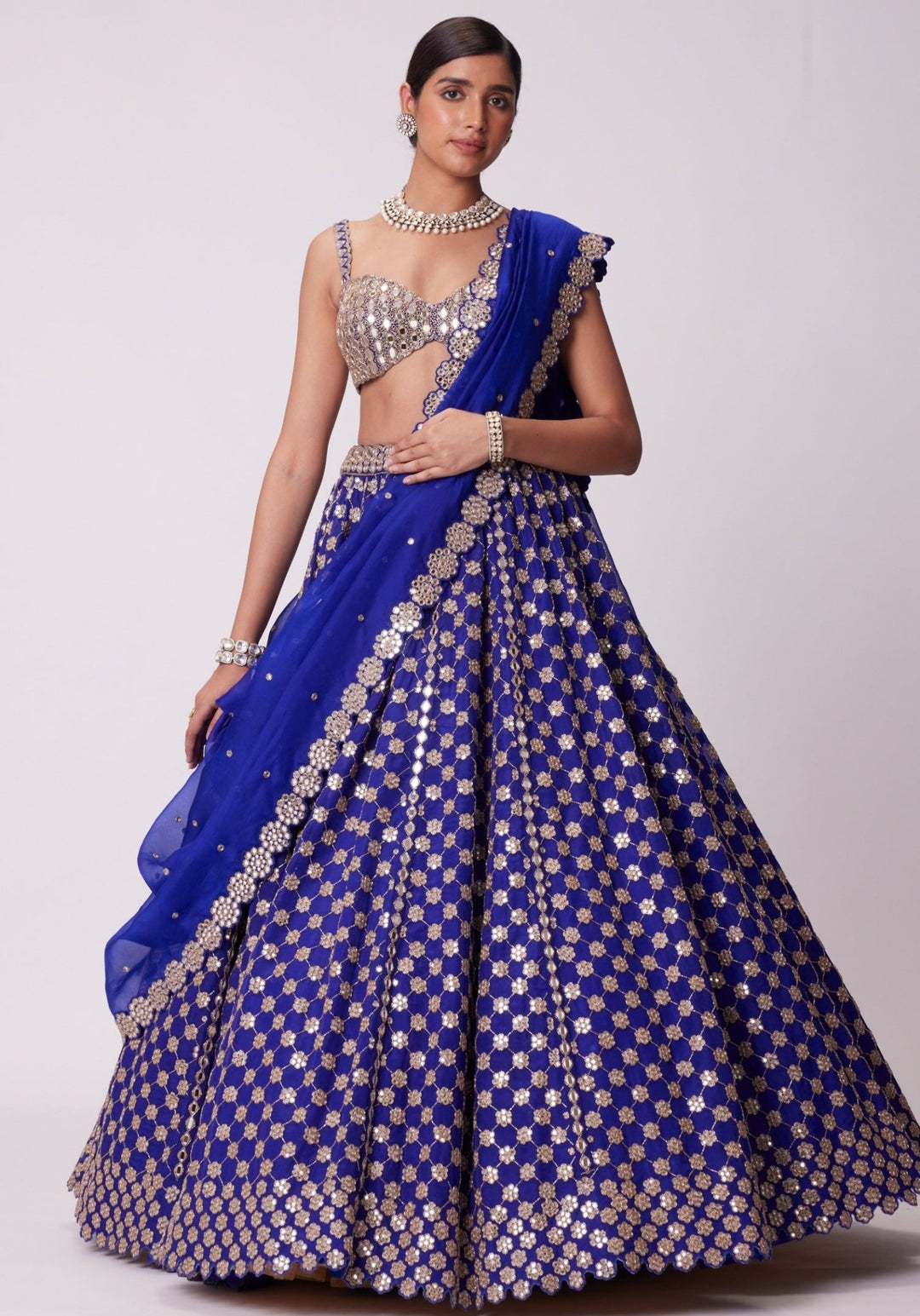 Blue Flower Embroidered Lehenga With Sleeveless Blouse Vvani by Vani Vats - Fabilicious Fashion