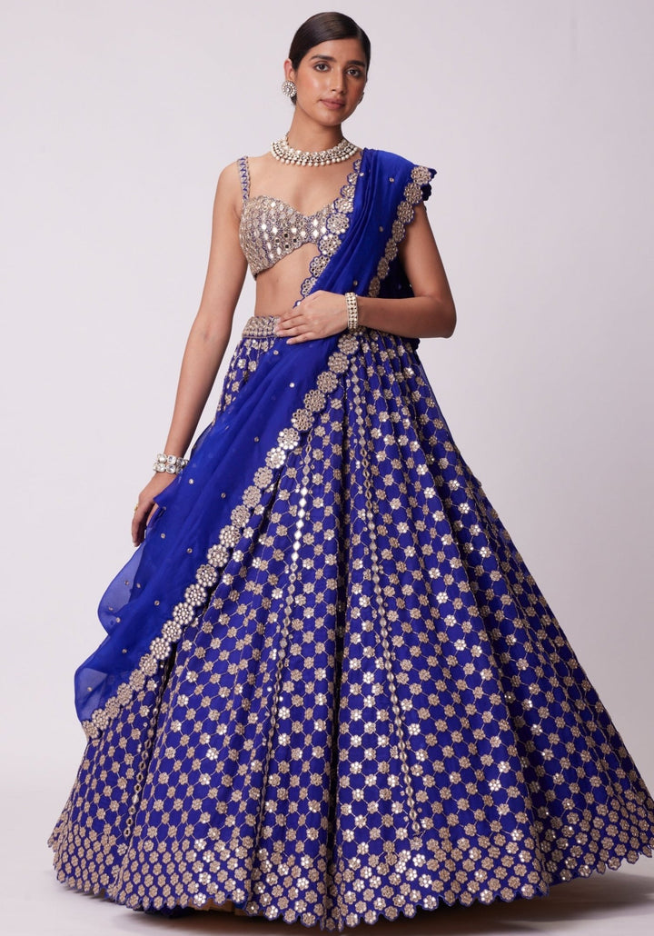 Blue Flower Embroidered Lehenga With Sleeveless Blouse Vvani by Vani Vats - Fabilicious Fashion