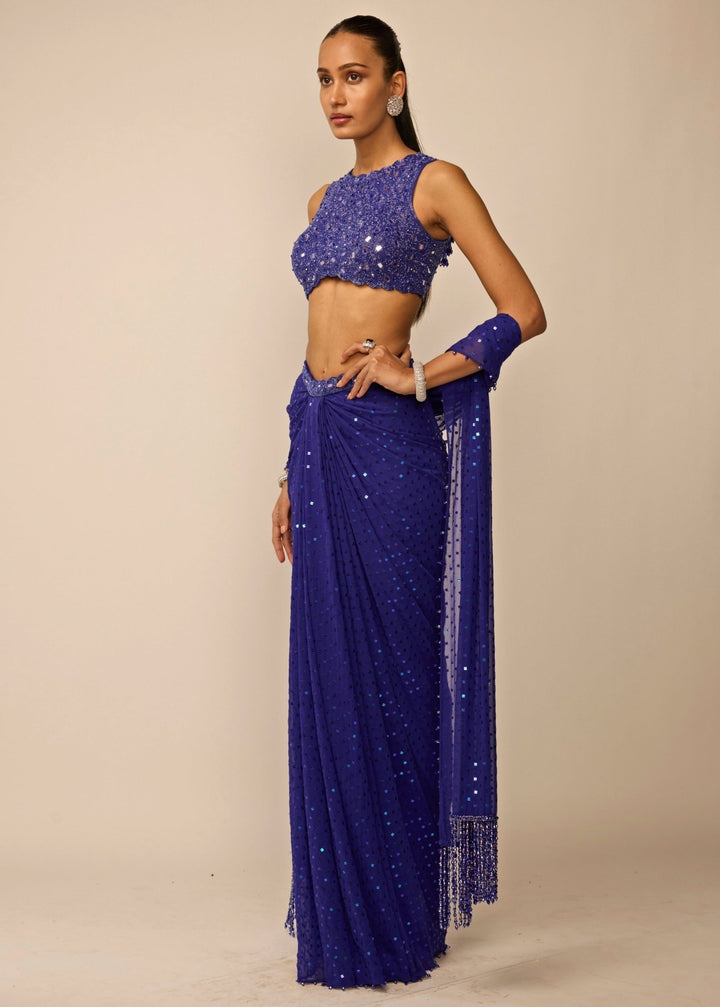 Vvani by Vani Vats Blue Georgette Draped Skirt SetFabilicious Fashion