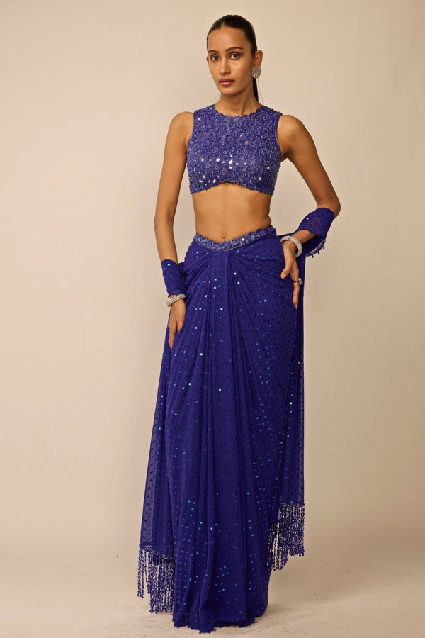 Vvani by Vani Vats blue georgette draped skirt set for a daytime wedding function