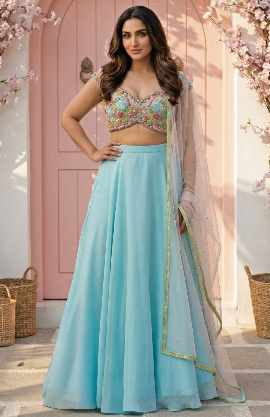 Blue Georgette Lehenga With Pink Dupatta Anisha Shetty - Fabilicious Fashion