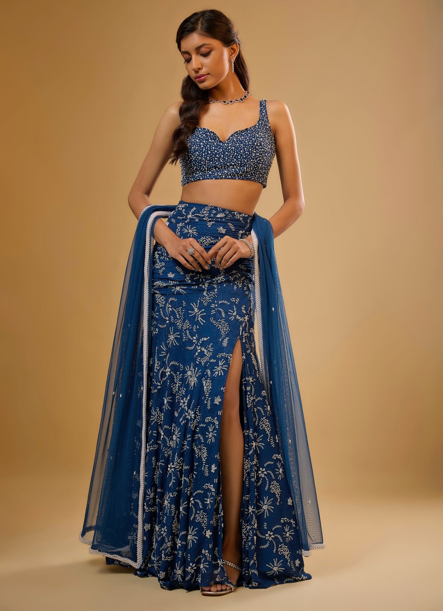 Diwali Lehenga Blue Georgette Mermaid Fish Cut by Renee Label from Fabilicious