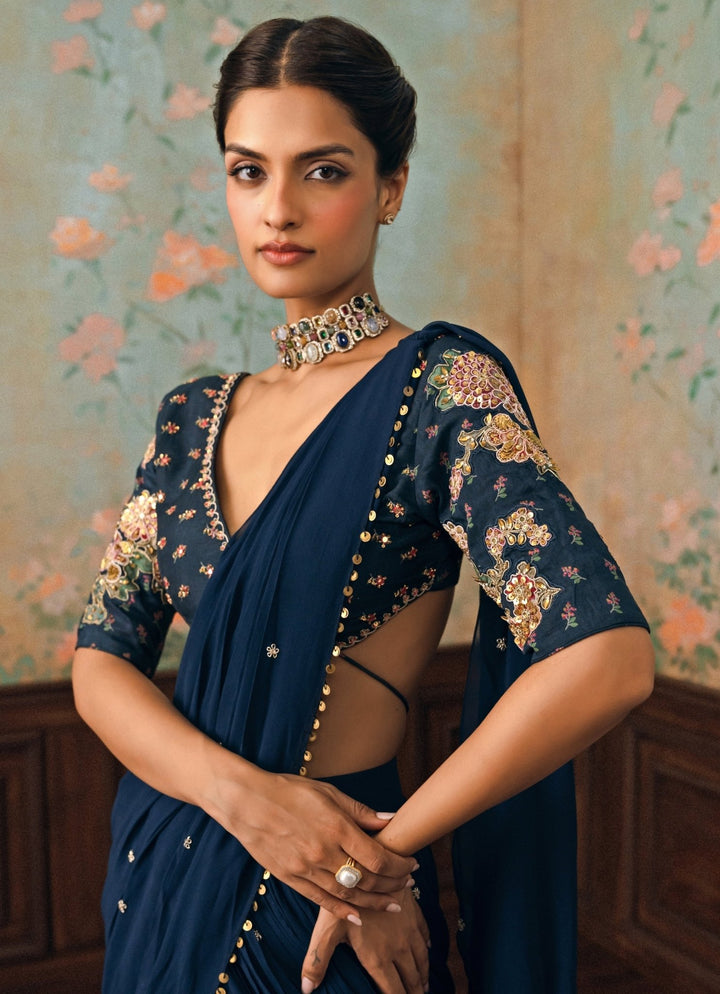Paulmi and Harsh Blue Georgette Pre-Draped Saree SetFabilicious Fashion