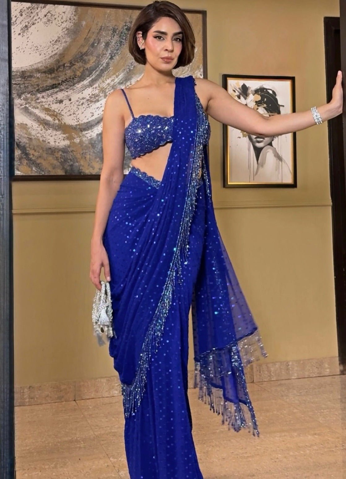 Roohi Marjara in a blue georgette pre-draped saree set by Vvani by Vani Vats