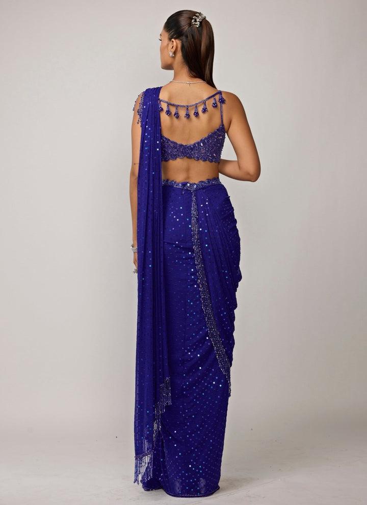 Vvani by Vani Vats Blue Georgette Pre-Draped Saree SetFabilicious Fashion