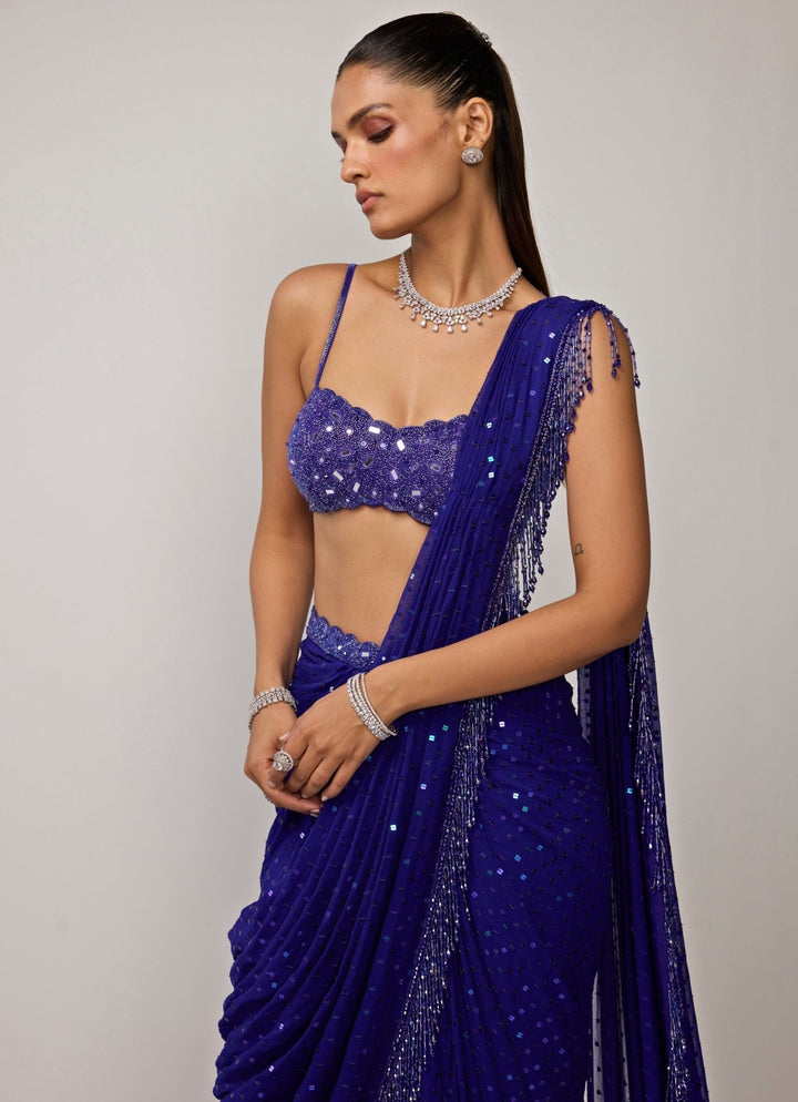 Vvani by Vani Vats Blue Georgette Pre-Draped Saree SetFabilicious Fashion
