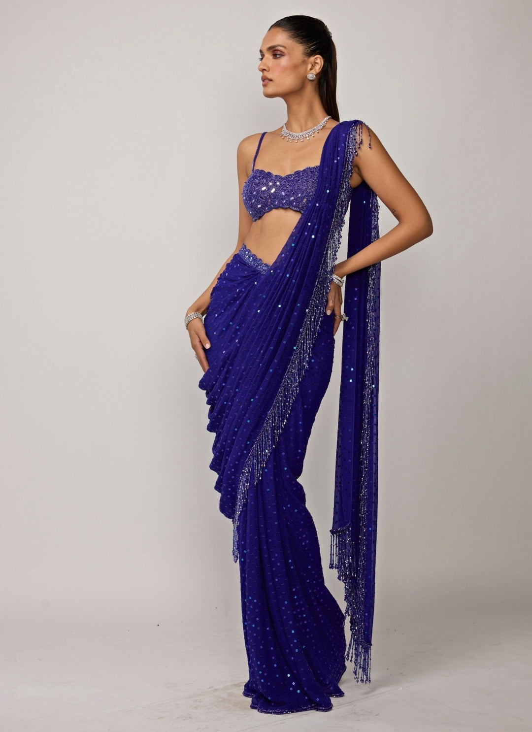 Vvani by Vani Vats Blue Georgette Pre-Draped Saree SetFabilicious Fashion