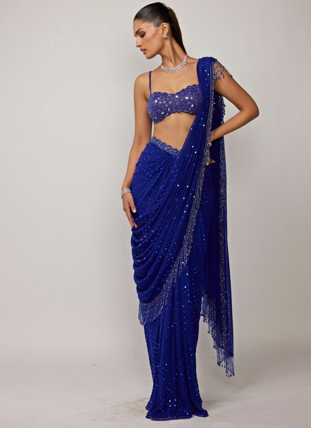Vvani by Vani Vats Blue Georgette Pre-Draped Saree SetFabilicious Fashion