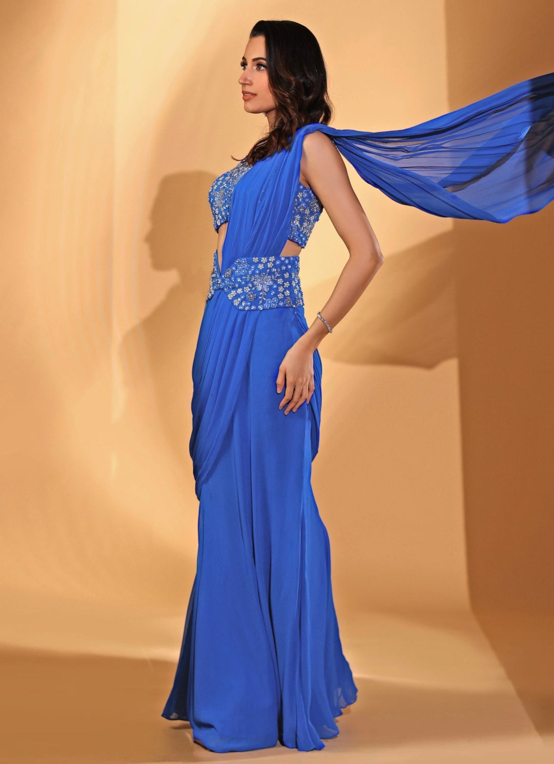 Blue Georgette Pre - Draped Saree With Corset Belt Kiyohra - Fabilicious Fashion
