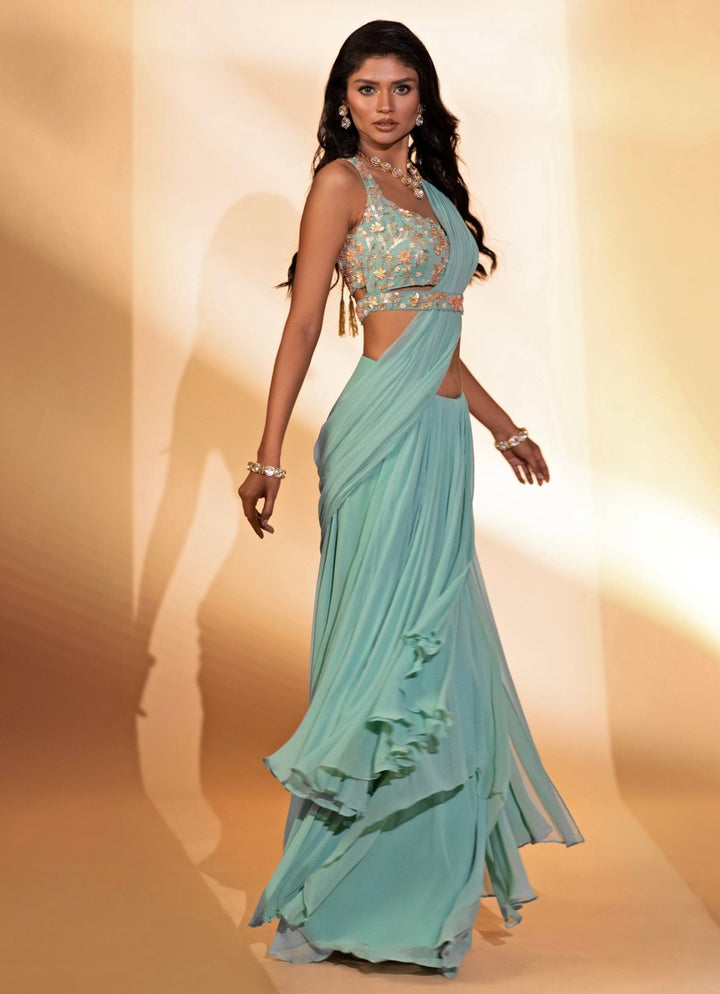 Blue Georgette Pre - Draped Saree Kiyohra - Fabilicious Fashion