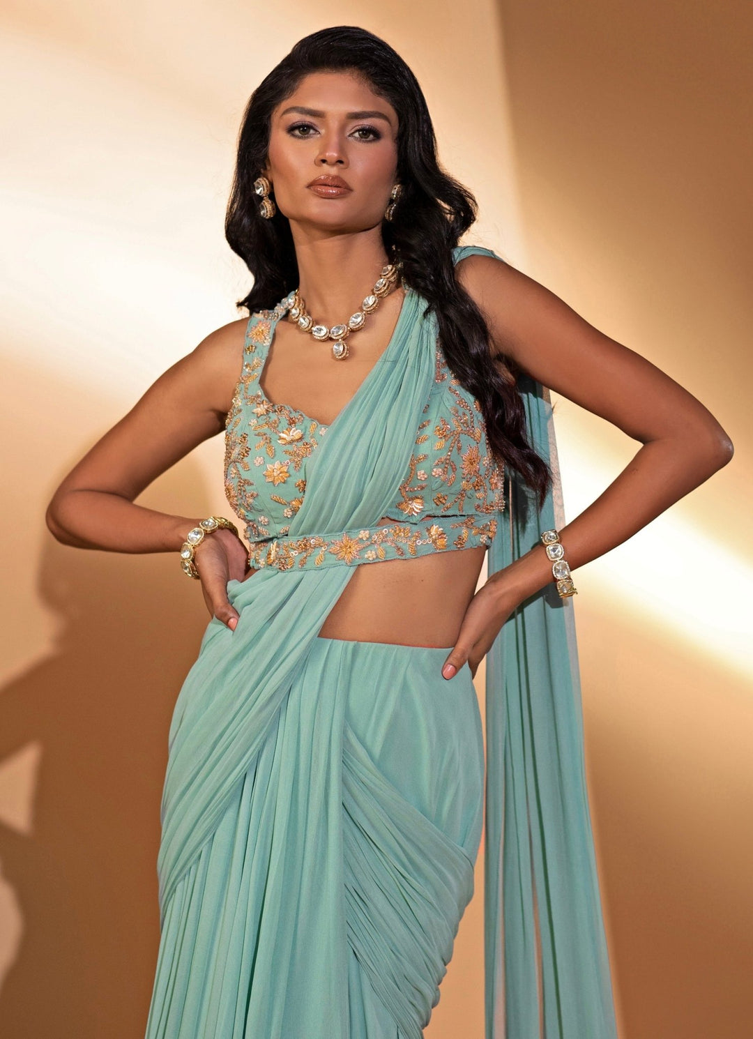 Blue Georgette Pre - Draped Saree Kiyohra - Fabilicious Fashion
