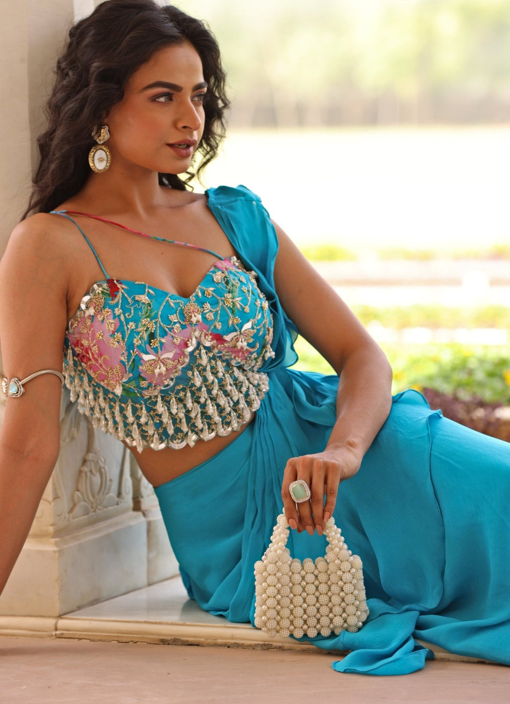 Blue Georgette Predraped Saree Set With Embroidered Blouse Manisha Soni - Fabilicious Fashion