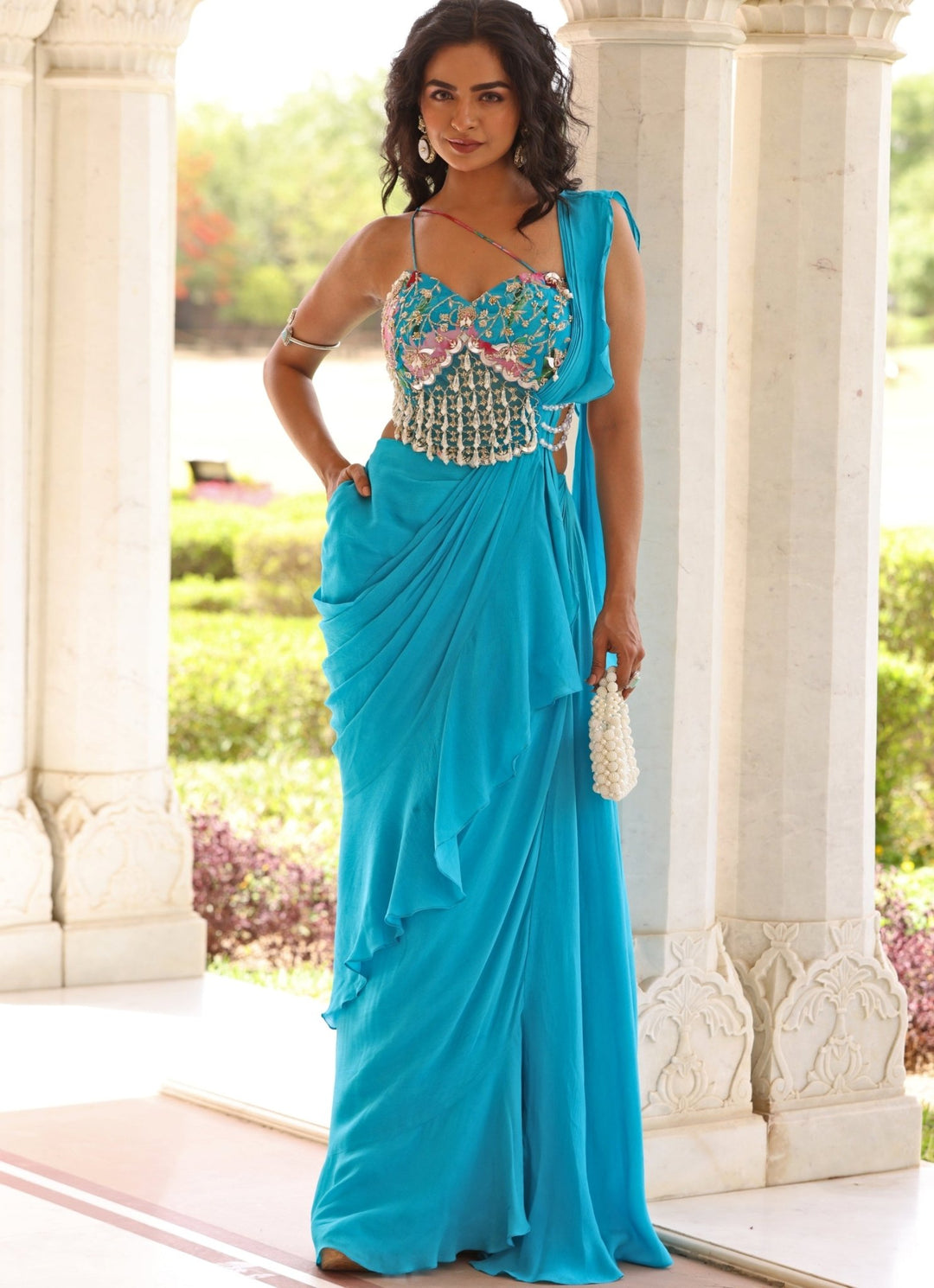 Blue Georgette Predraped Saree Set With Embroidered Blouse Manisha Soni - Fabilicious Fashion