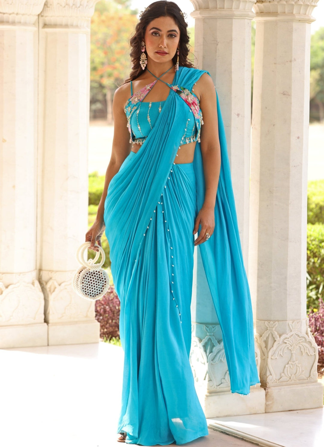 Blue Georgette Predraped Saree Set Manisha Soni - Fabilicious Fashion