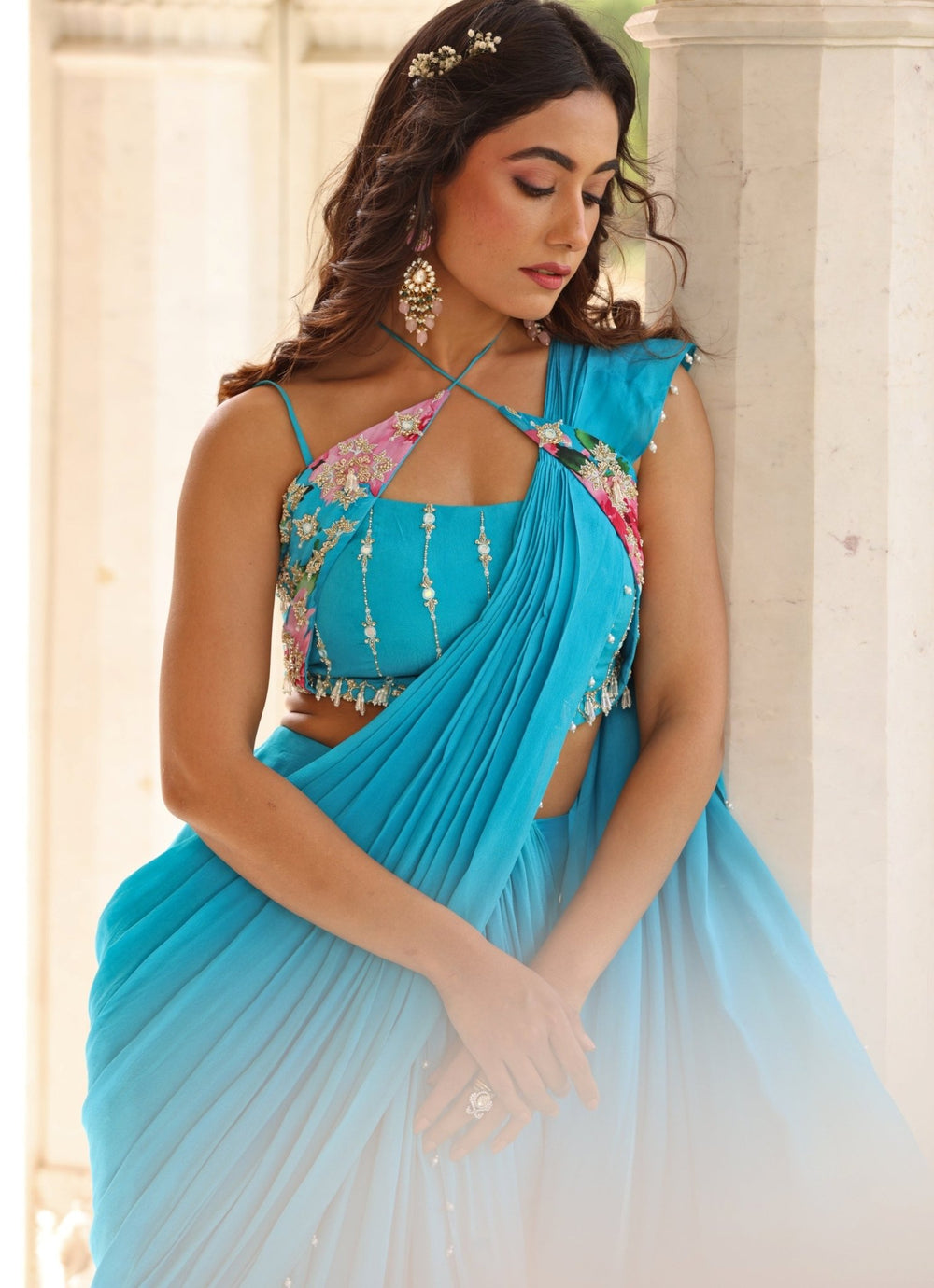 Blue Georgette Predraped Saree Set Manisha Soni - Fabilicious Fashion