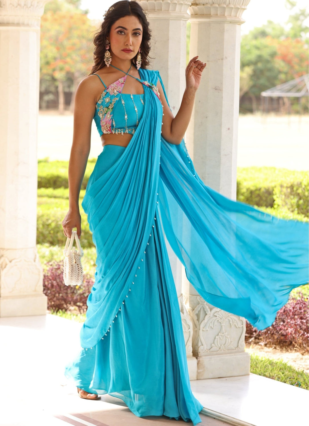 Blue Georgette Predraped Saree Set Manisha Soni - Fabilicious Fashion