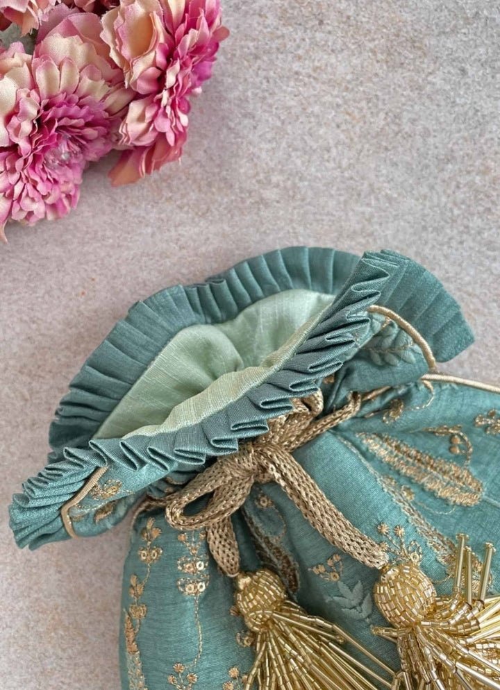 Blue Green Embroidered Potli AMYRA - Fabilicious Fashion