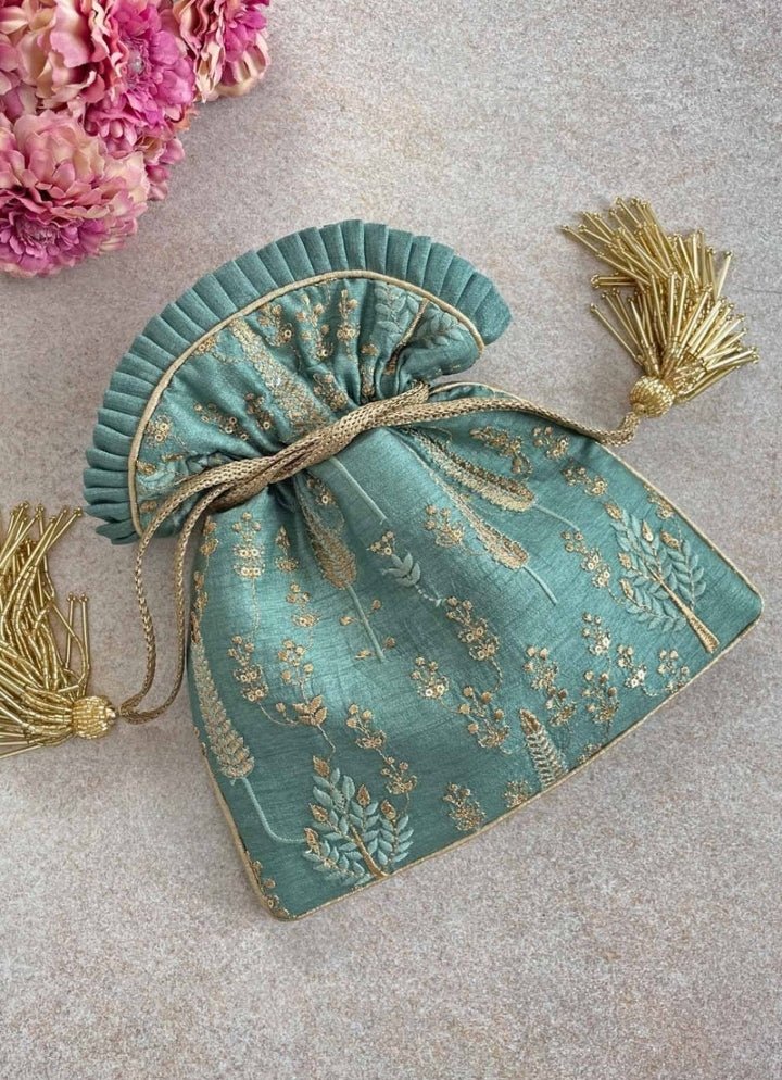 Blue Green Embroidered Potli AMYRA - Fabilicious Fashion