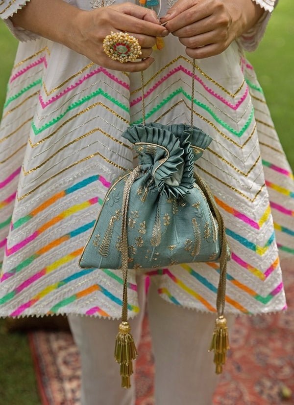 Blue Green Embroidered Potli AMYRA - Fabilicious Fashion