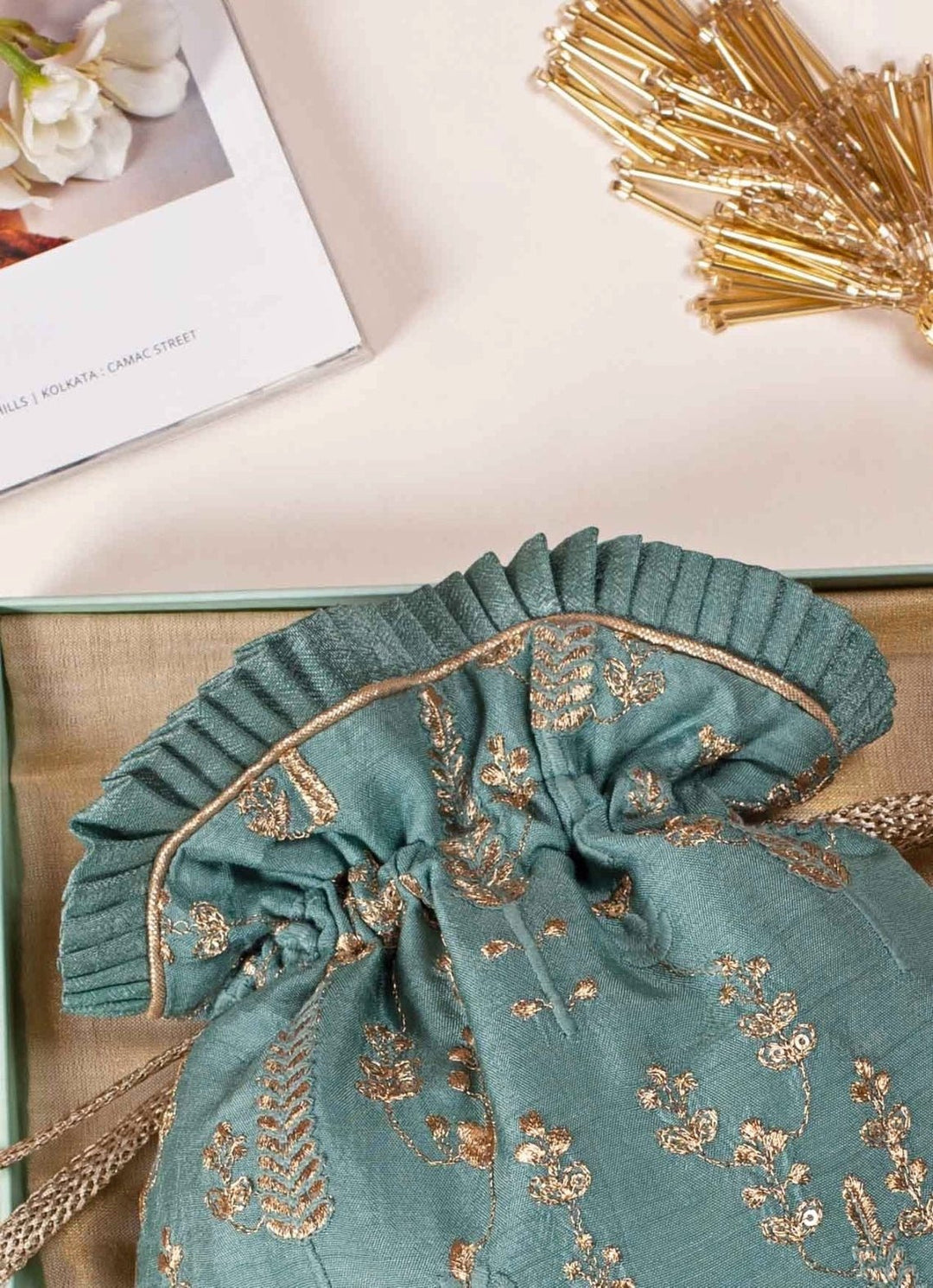 Blue Green Embroidered Potli AMYRA - Fabilicious Fashion