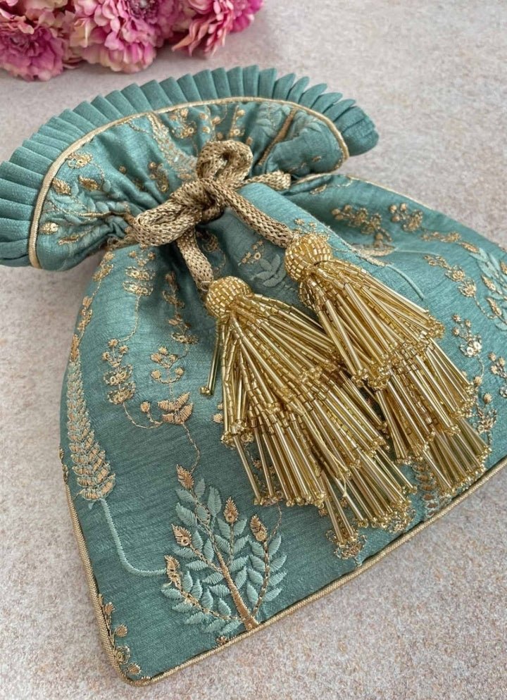 Blue Green Embroidered Potli AMYRA - Fabilicious Fashion