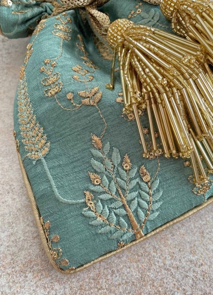 Blue Green Embroidered Potli AMYRA - Fabilicious Fashion