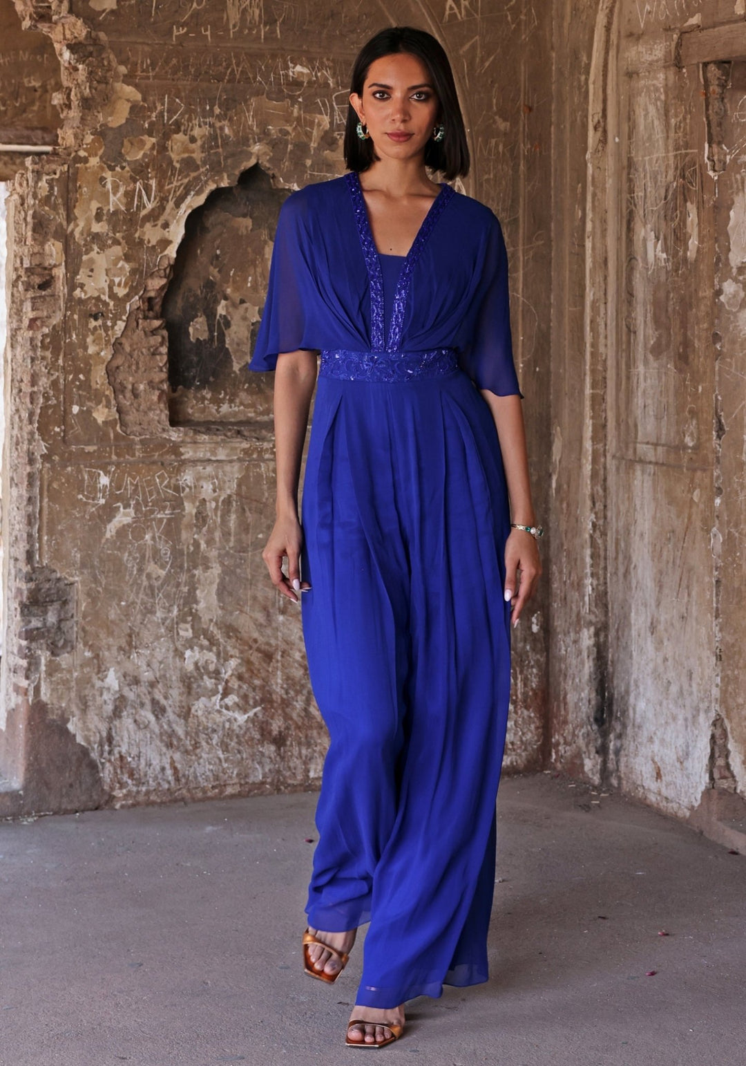 Seema Thukral Blue Hand Embroidered Jumpsuit L Seema Thukral Blue Hand Embroidered Jumpsuit L