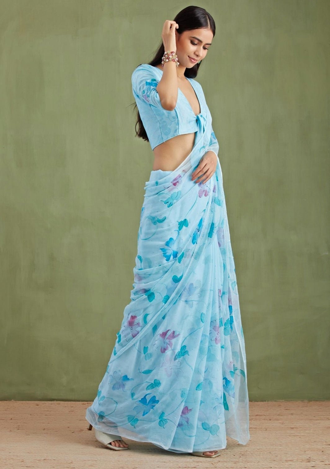 Blue Hand - Painted Chiffon Pre - Draped Saree Geroo Jaipur - Fabilicious Fashion
