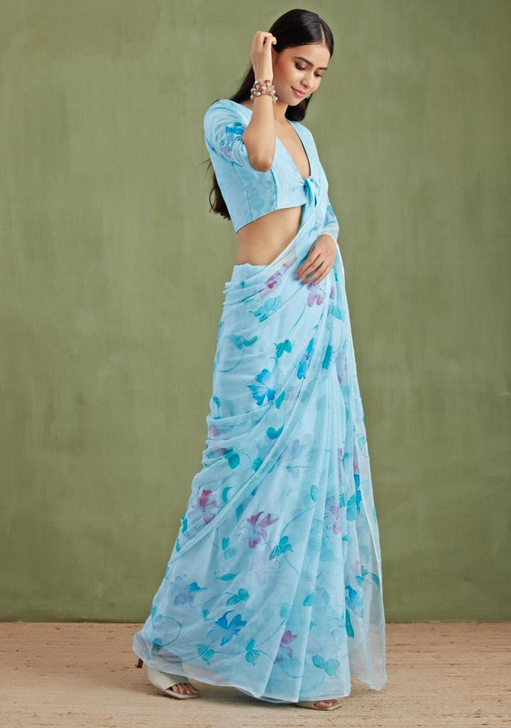 Blue Hand - Painted Chiffon Pre - Draped Saree Geroo Jaipur - Fabilicious Fashion