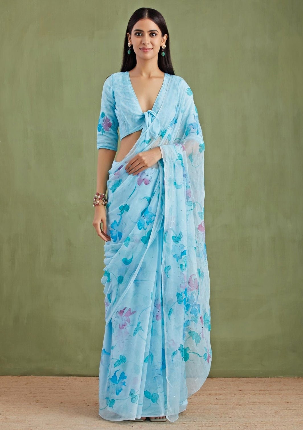 Blue Hand - Painted Chiffon Pre - Draped Saree Geroo Jaipur - Fabilicious Fashion
