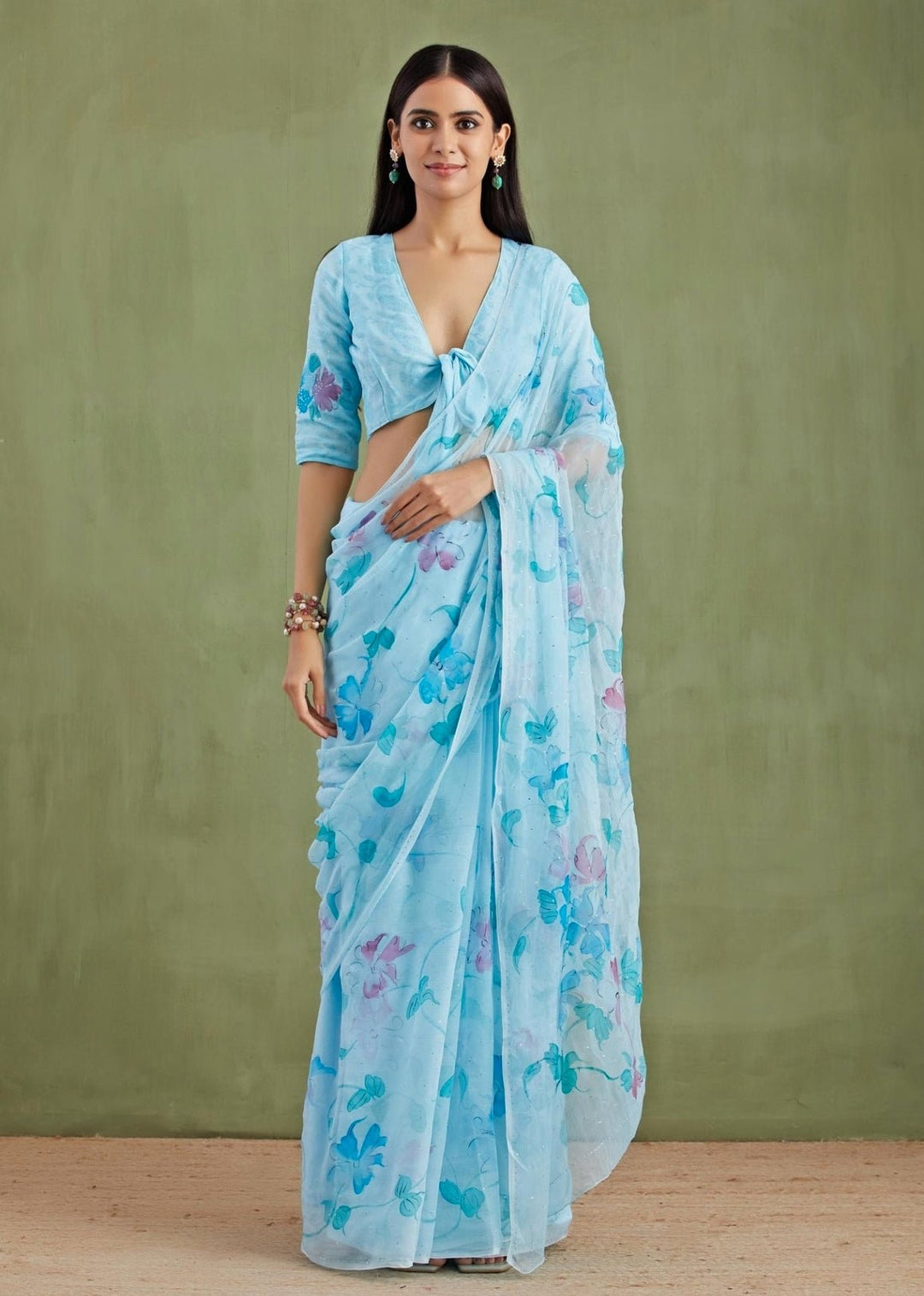 Blue Hand - Painted Chiffon Pre - Draped Saree Geroo Jaipur - Fabilicious Fashion