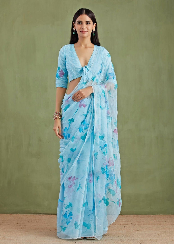 Blue Hand - Painted Chiffon Pre - Draped Saree Geroo Jaipur - Fabilicious Fashion
