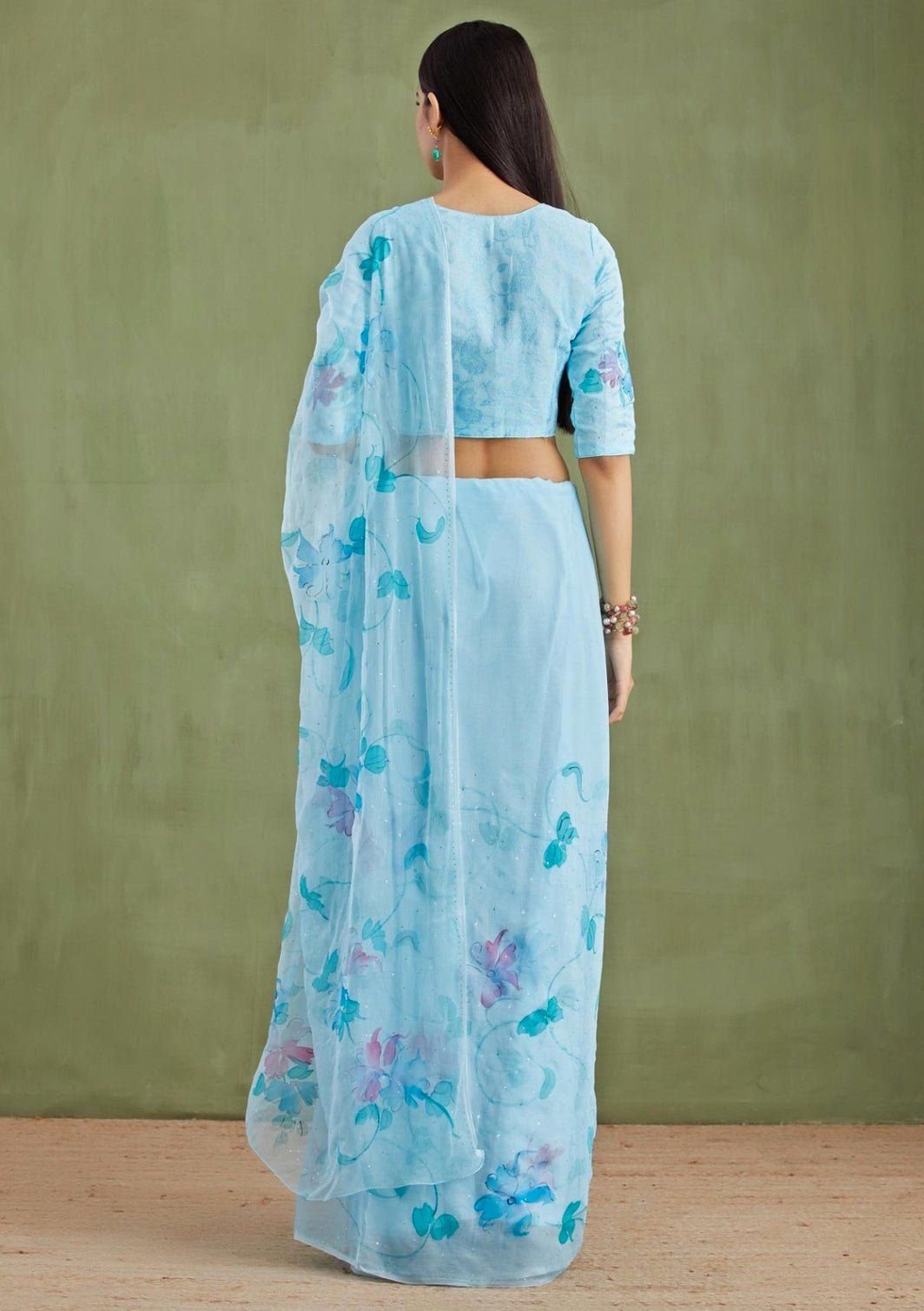 Blue Hand - Painted Chiffon Pre - Draped Saree Geroo Jaipur - Fabilicious Fashion