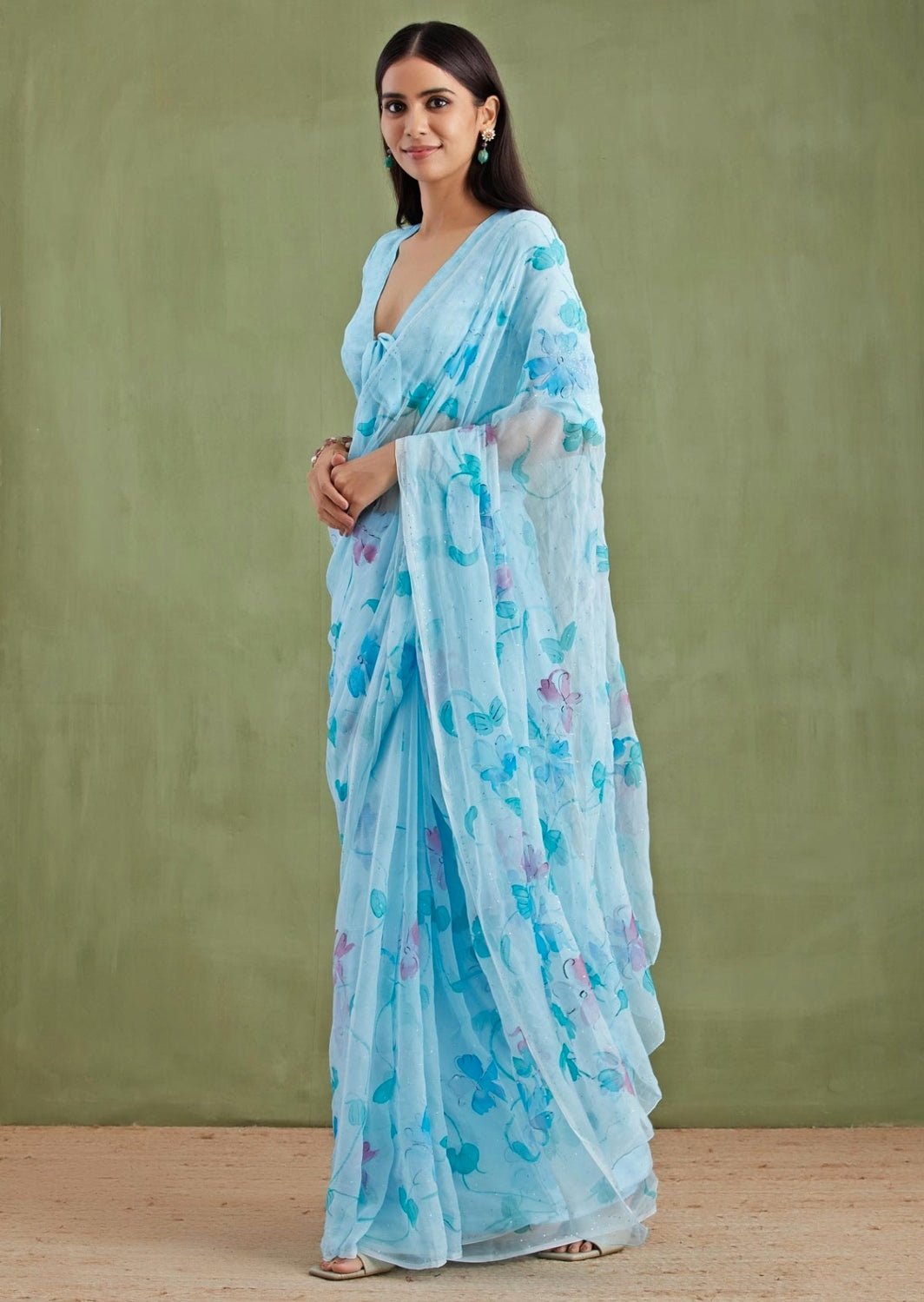 Blue Hand - Painted Chiffon Pre - Draped Saree Geroo Jaipur - Fabilicious Fashion