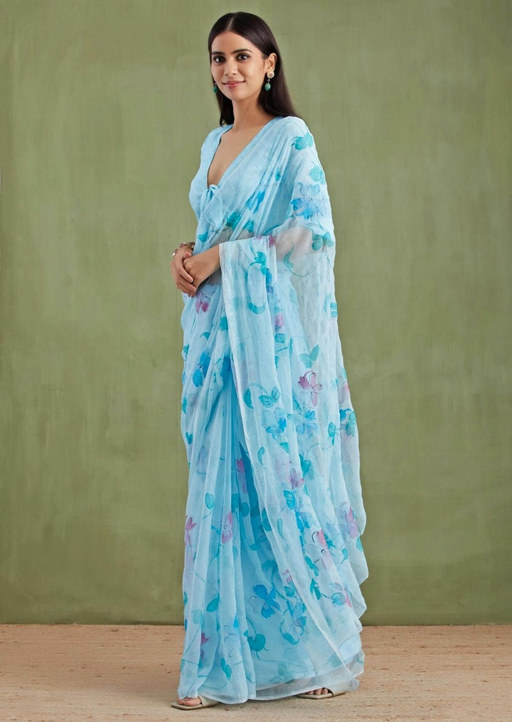 Blue Hand - Painted Chiffon Pre - Draped Saree Geroo Jaipur - Fabilicious Fashion