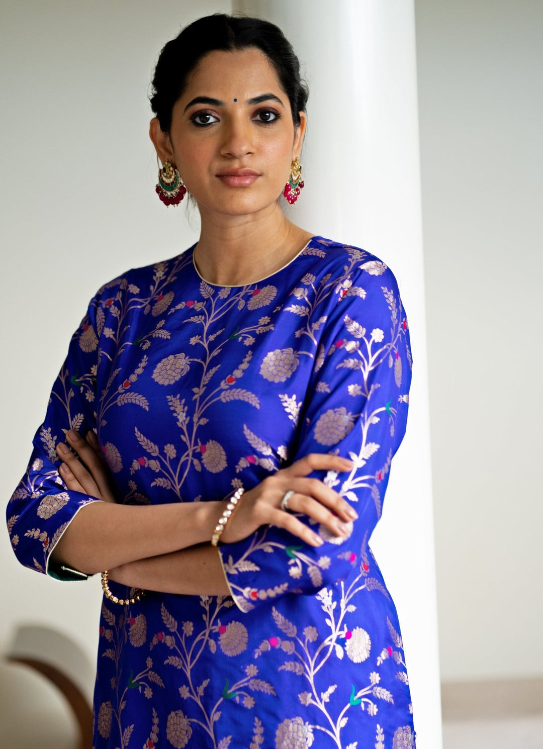 Blue Handwoven Floral Jaal Brocade Silk Kurta Pant Set Sobariko - Fabilicious Fashion