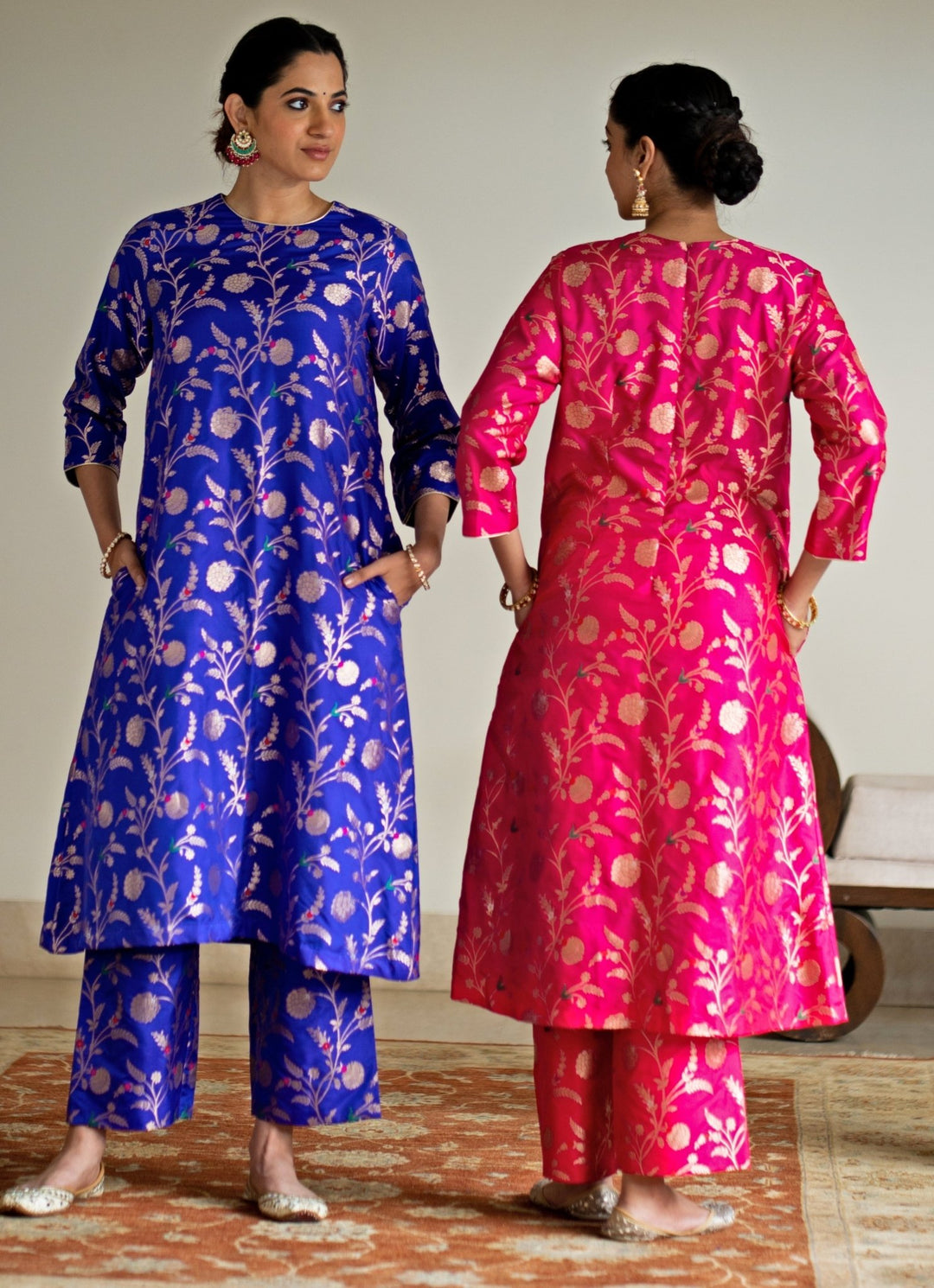 Blue Handwoven Floral Jaal Brocade Silk Kurta Pant Set Sobariko - Fabilicious Fashion