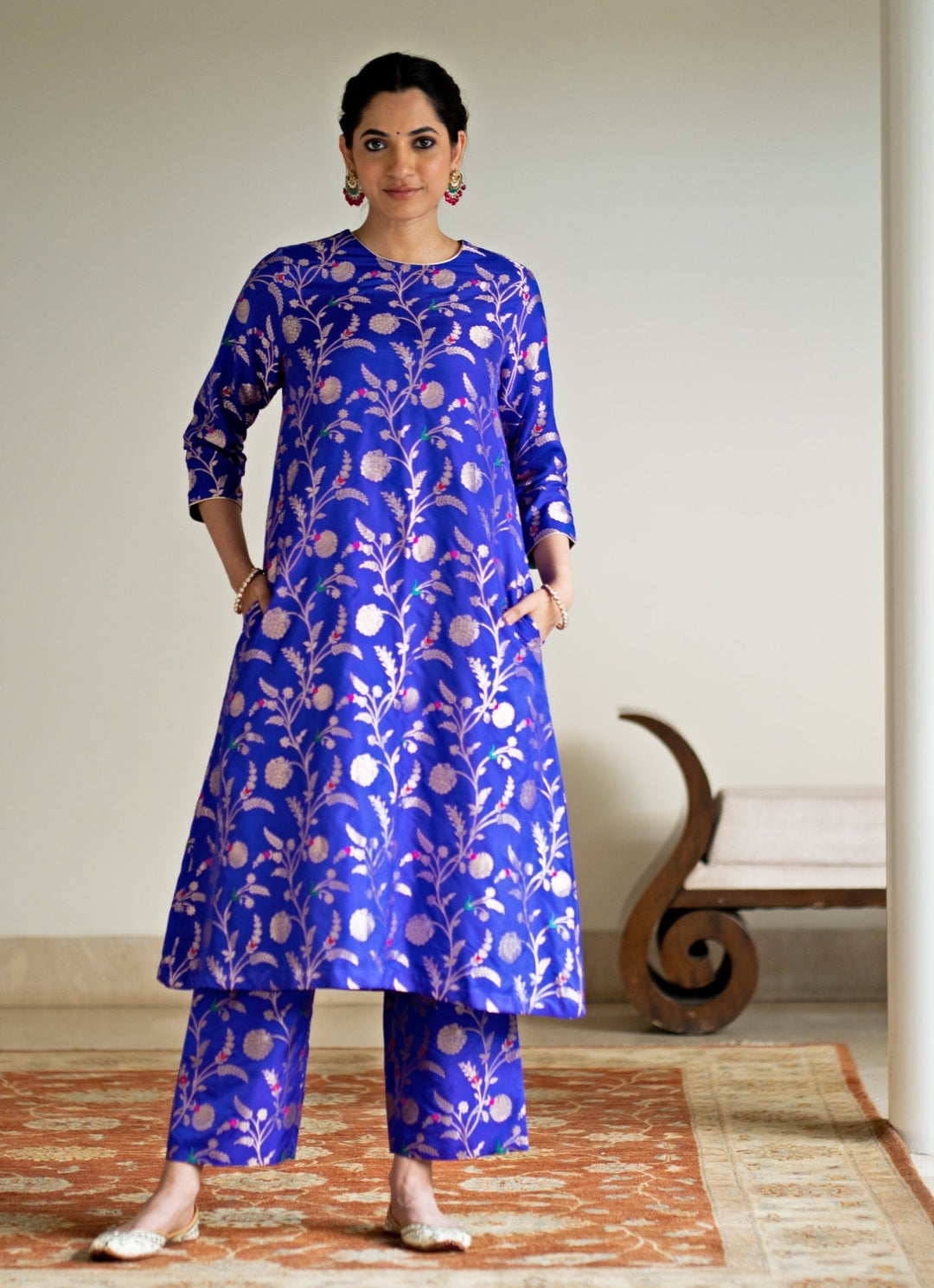 Blue Handwoven Floral Jaal Brocade Silk Kurta Pant Set Sobariko - Fabilicious Fashion