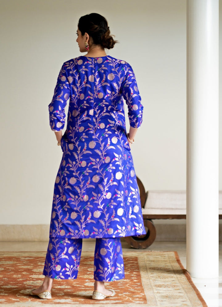 Blue Handwoven Floral Jaal Brocade Silk Kurta Pant Set Sobariko - Fabilicious Fashion