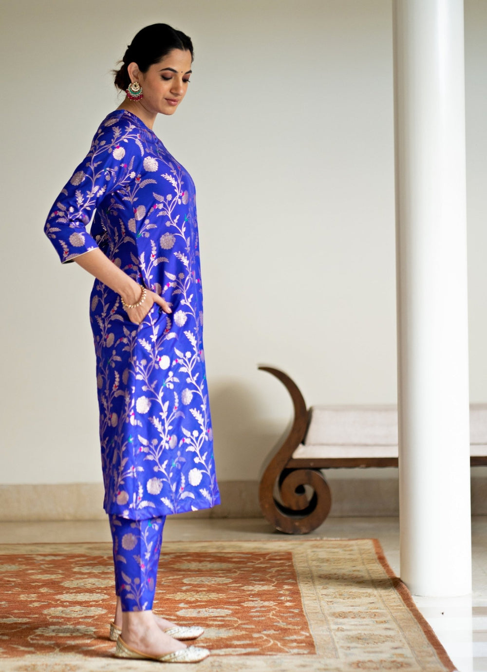 Blue Handwoven Floral Jaal Brocade Silk Kurta Pant Set Sobariko - Fabilicious Fashion