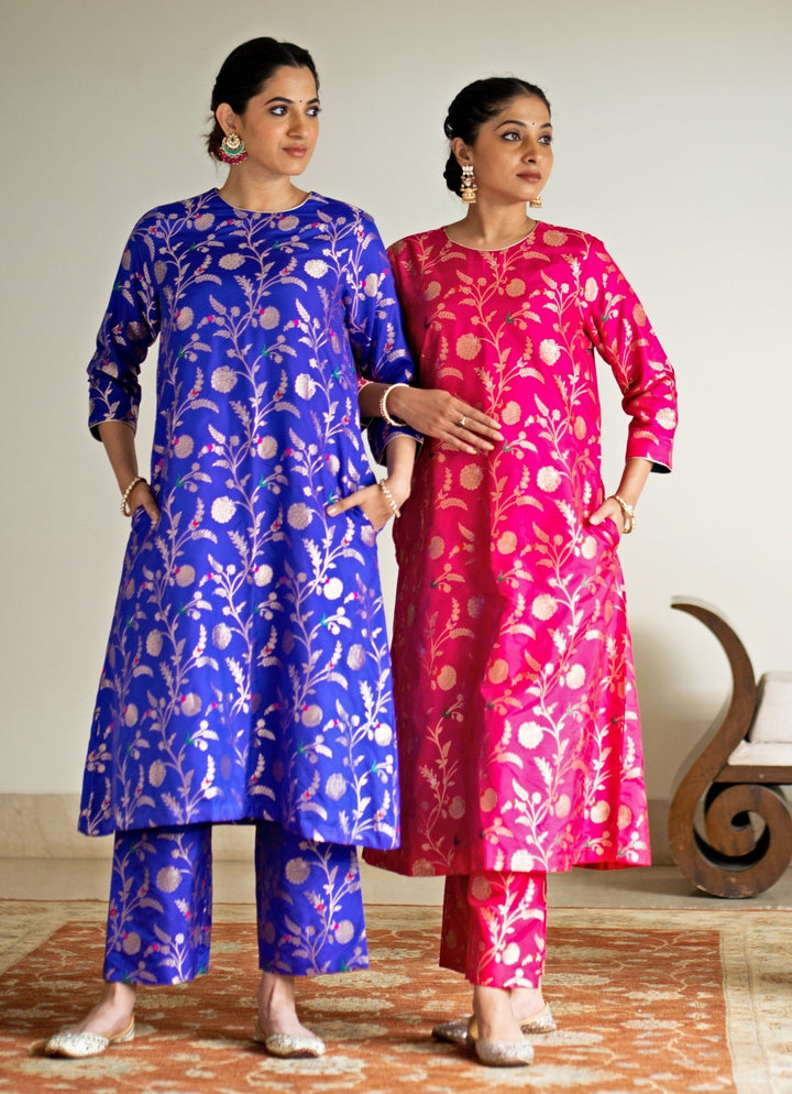 Blue Handwoven Floral Jaal Brocade Silk Kurta Pant Set Sobariko - Fabilicious Fashion