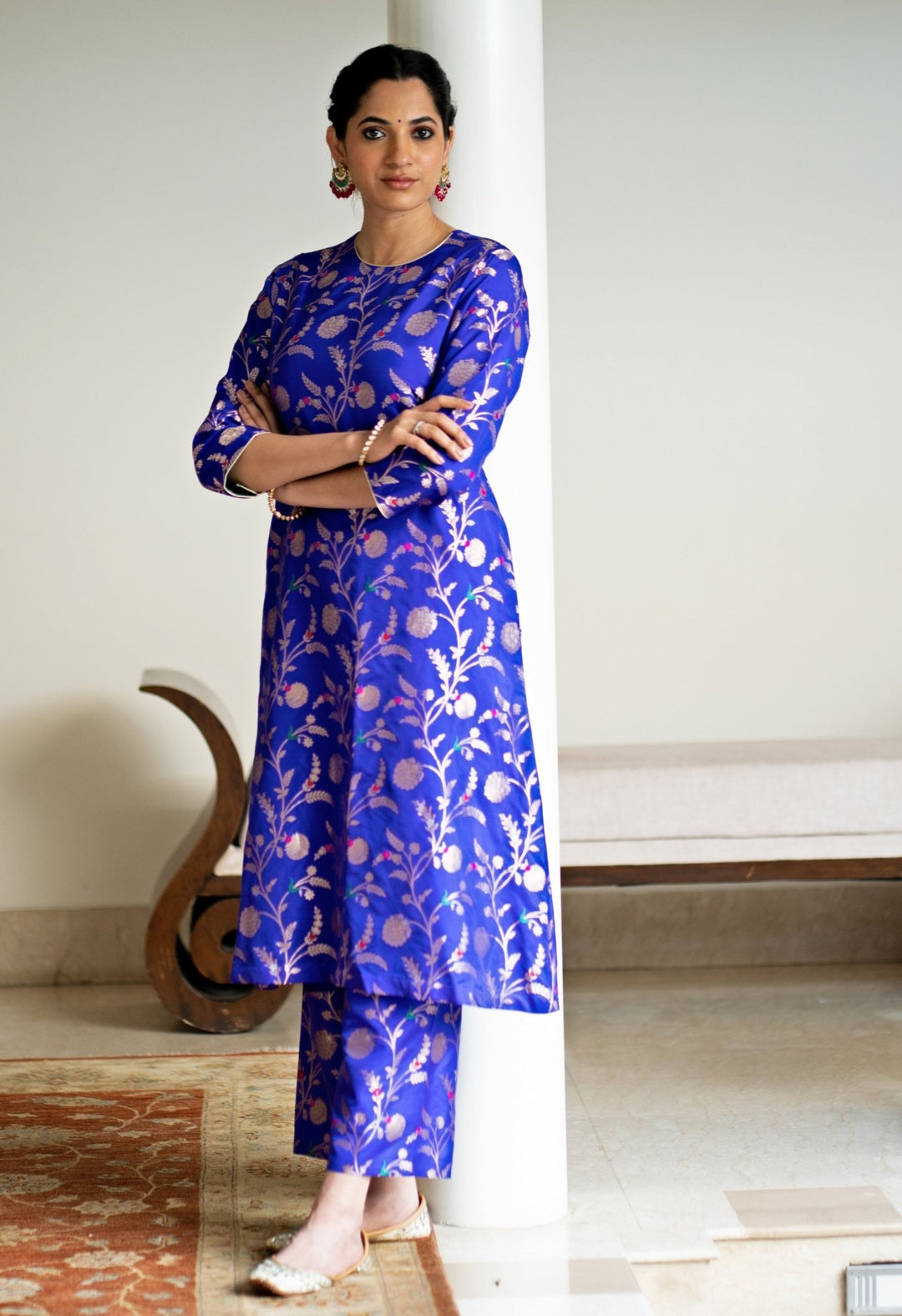Blue Handwoven Floral Jaal Brocade Silk Kurta Pant Set Sobariko - Fabilicious Fashion