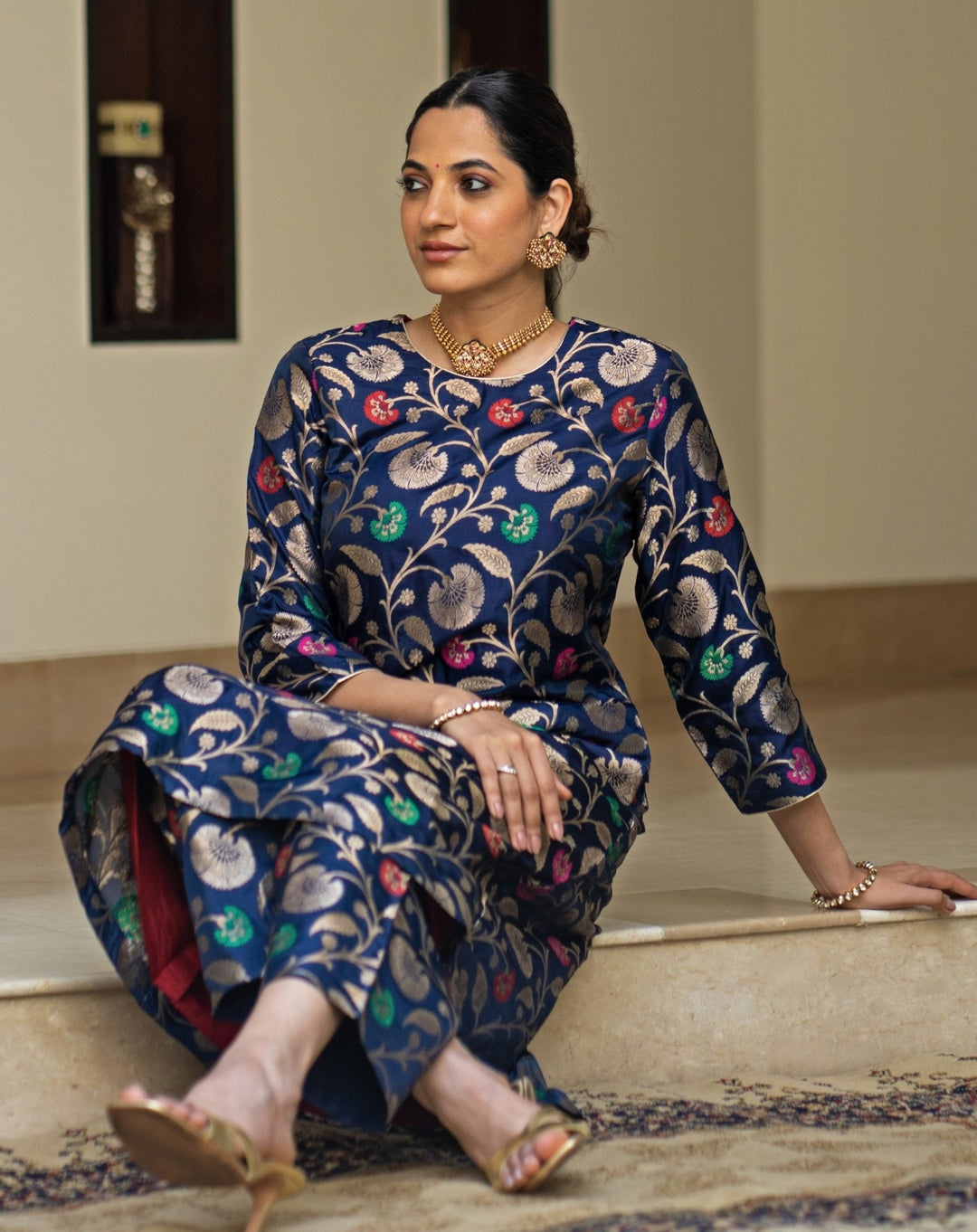 Blue Handwoven Floral Silk Kurta Pant Set Sobariko - Fabilicious Fashion