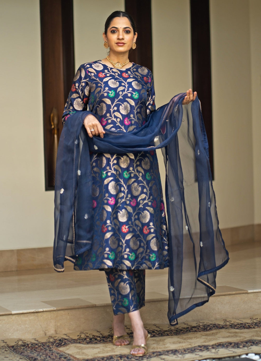 Blue Handwoven Floral Silk Kurta Pant Set Sobariko - Fabilicious Fashion