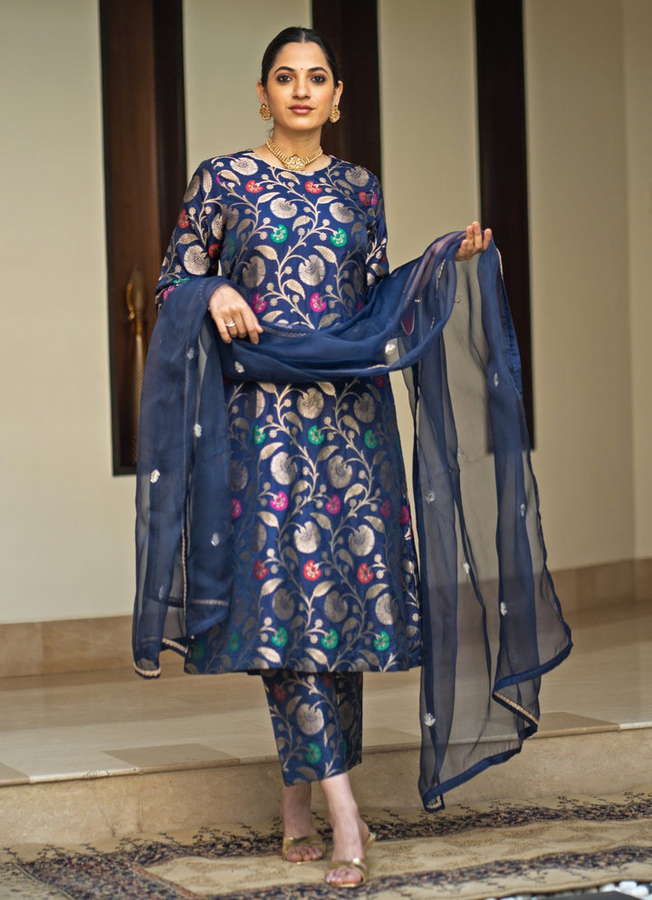 Blue Handwoven Floral Silk Kurta Pant Set Sobariko - Fabilicious Fashion