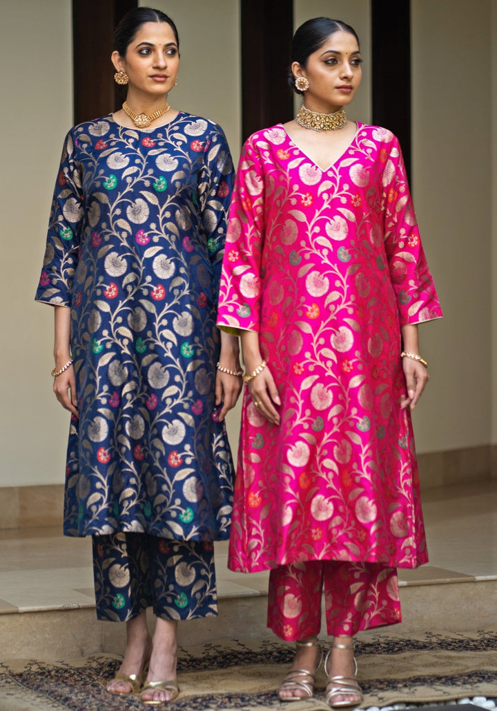 Blue Handwoven Floral Silk Kurta Pant Set Sobariko - Fabilicious Fashion